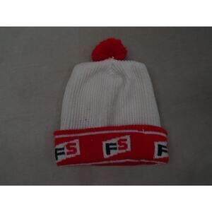 Vintage Farm Service FS Seed Pom Stocking Cap Beanie Knit Hat Winter White Red